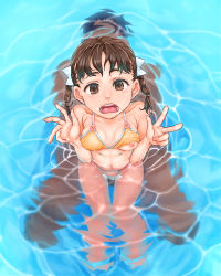 Rule 34 | 1boy, 1girl, artist request, bikini, blush, bottomless, breasts, brown eyes, brown hair, cum, highres, looking at viewer, navel, nipples, open mouth, orange bikini, pool, sexually suggestive, small breasts, swimsuit, tears, twintails, water