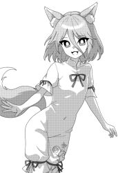 Rule 34 | 1girl, animal ears, covered navel, fang, feet out of frame, fox ears, fox tail, greyscale, kudamaki tsukasa, looking at viewer, monochrome, onkn sxkn, open mouth, ribbon, romper, short hair, short sleeves, simple background, smile, solo, tail, touhou, white background