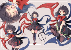 Rule 34 | 1girl, asymmetrical wings, black hair, black thighhighs, blush, forbidden scrollery, houjuu nue, laughing, long hair, open mouth, piyokichi, pointy ears, polearm, red eyes, skirt hold, snake, solo, thighhighs, touhou, trident, weapon, wings, zettai ryouiki