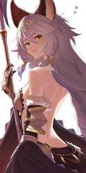 Rule 34 | 1girl, absurdres, aiu eo, animal ears, backless outfit, bad id, bad twitter id, bare shoulders, braid, erune, gauntlets, granblue fantasy, hair between eyes, hair tubes, heles, highres, holding, holding polearm, holding spear, holding weapon, long hair, looking at viewer, polearm, sideless outfit, silver hair, solo, spear, very long hair, weapon