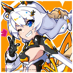 Rule 34 | 1girl, ahoge, armpit peek, black gloves, black leotard, blush, braid, breasts, clothing cutout, from side, gloves, grin, hair between eyes, hair ornament, hairclip, halftone, hand up, honkai (series), honkai impact 3rd, kiana kaslana, kiana kaslana (knight moonbeam), leotard, light brown hair, long hair, long sleeves, looking at viewer, looking to the side, low twintails, mechanical wings, multicolored hair, multicolored leotard, one eye closed, open mouth, orange background, purple eyes, revealing clothes, sideboob, sideboob cutout, sidelocks, small breasts, smile, solo, split mouth, stomach cutout, thick eyebrows, twin braids, twintails, vistahero, w, white hair, white leotard, wings