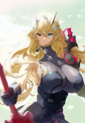 Rule 34 | 1girl, aqua eyes, black gloves, blonde hair, breasts, cloud, commentary request, barghest (fate), barghest (second ascension) (fate), fate/grand order, fate (series), gloves, green sky, hair between eyes, heterochromia, highres, holding, holding sword, holding weapon, horns, huge breasts, long hair, looking at viewer, red eyes, solo, sword, taino kou, weapon