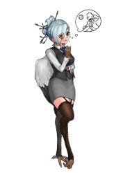 Rule 34 | 1girl, absurdres, black feathers, black thighhighs, black vest, blush, borrowed character, commentary request, ddoy sik, feathered wings, feathers, hair bun, hair over one eye, harpy, highres, korean commentary, monster girl, office harpy (sparrowl), office lady, original, pencil skirt, simple background, single hair bun, skirt, solo, stirrup legwear, thighhighs, thought bubble, toeless legwear, vest, white background, white feathers, white hair, wings