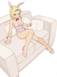 Rule 34 | 1girl, absurdres, android 18, animal ears, blonde hair, breasts, cleavage, couch, detached collar, dragon ball, dragonball z, expressionless, full body, high heels, highres, legs, leotard, looking at viewer, medium breasts, pillow, playboy bunny, rabbit ears, rokoido12, sitting, solo, thighs