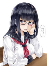 Rule 34 | 1girl, black eyes, black hair, blue eyes, blush, breasts, chair, check translation, desk, elbow rest, glasses, hand on own cheek, hand on own face, highres, large breasts, long hair, looking away, nagayori, neckerchief, open mouth, original, sailor, scarf, school chair, school desk, school uniform, serafuku, sitting, solo, translated, translation request, white background