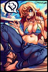 Rule 34 | 1girl, ;q, bangle, bikini, bikini top only, blue pants, blush, bracelet, breasts, brown eyes, cleavage, curly hair, curvy, den den mushi, denim, earrings, fingernails, green bikini, highres, jeans, jewelry, large breasts, long hair, looking at viewer, micro bikini, mogy64, money gesture, nami (one piece), naughty face, navel, one eye closed, one piece, open fly, orange hair, paid reward available, pants, sandals, shiny skin, shoulder tattoo, sitting, snail, solo, spaghetti strap, speech bubble, spread legs, stomach, strap gap, swimsuit, tattoo, toenails, toes, tongue, tongue out, twitter username, underboob, wide hips