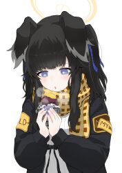 Rule 34 | 1girl, :o, absurdres, animal ears, black hair, blue archive, blush, casual, dog ears, dog girl, eating, foil, food, hair between eyes, hair ribbon, halo, hibiki (blue archive), highres, holding, holding food, long hair, long sleeves, mitsumoto amata, official alternate costume, open clothes, open mouth, ribbon, roasted sweet potato, scarf, simple background, sleeves past wrists, sweet potato, twintails, two side up, white background, yellow halo