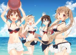 Rule 34 | 10s, 4girls, adapted costume, ball, beach, beachball, bikini, bikini skirt, black hair, blonde hair, blue eyes, breasts, brown eyes, day, closed eyes, hair flaps, hair ornament, jacket, kantai collection, knee up, long hair, looking at viewer, medium breasts, multiple girls, murasame (kancolle), naoto (tulip), navel, open mouth, outdoors, parted lips, red eyes, remodel (kantai collection), sarong, scarf, shigure (kancolle), shiratsuyu (kancolle), shorts, swimsuit, twintails, white bikini, white jacket, white scarf, white shorts, wristband, yuudachi (kancolle)