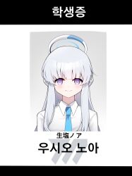 Rule 34 | 1girl, bagjeomlye88315, blue archive, blue necktie, blush, character name, grey hair, halo, highres, id card, id photo, korean text, letterboxed, long hair, looking at viewer, necktie, noa (blue archive), portrait (object), purple eyes, sidelocks, simple background, smile, solo, straight hair, very long hair