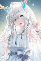 Rule 34 | 1girl, absurdres, aqua eyes, highres, horn ornament, horns, long hair, looking at viewer, mairo, open mouth, original, pointy ears, solo, white hair