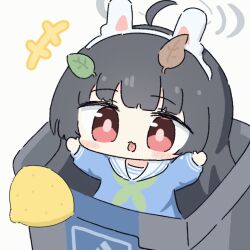 Rule 34 | 1girl, ahoge, animal ears, animated, animated gif, black hair, blue archive, blue shirt, blunt bangs, blush stickers, chibi, commentary, fake animal ears, food, fruit, green neckerchief, grey halo, halo, hands up, in trash can, leaf, leaf on head, lemon, long hair, long sleeves, looking at viewer, meme, miyu (blue archive), neckerchief, no nose, outstretched arms, pink pupils, rabbit ears, recycle bin, red eyes, sailor collar, shirt, solo, thour (meme), tongue, tongue out, trembling, umihio, upper body, very long hair, white sailor collar