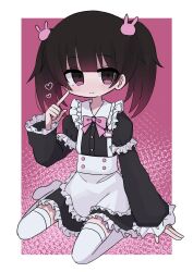 Rule 34 | 1girl, apron, black dress, black hair, blue eyes, blunt bangs, blush, bow, bowtie, closed mouth, dress, frilled apron, frills, highres, kanikan, long sleeves, original, pink background, pink bow, pink bowtie, pink eyes, sitting, solo, thighhighs, twintails, wariza, white thighhighs