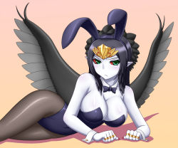 Rule 34 | 1girl, alternate costume, animal ears, bare shoulders, black hair, black pantyhose, black wings, blush, body blush, bow, bowtie, breasts, cleavage, colored sclera, colored skin, detached collar, duel monster, emblem, fabled grimro, fake animal ears, female focus, fingernails, frown, gradient background, green eyes, hairband, hip focus, jewelry, large breasts, leotard, long fingernails, long hair, looking at viewer, lying, monster girl, multicolored eyes, nail polish, on side, pantyhose, pataneet, playboy bunny, pointy ears, rabbit ears, red nails, red sclera, ring, shadow, shiny clothes, shiny skin, simple background, solo, strapless, thighs, tiara, white skin, wide hips, wings, wrist cuffs, yellow background, yu-gi-oh!, yu-gi-oh! duel monsters