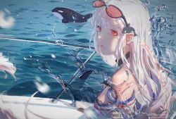 Rule 34 | 1girl, ahoge, arknights, artist name, bare shoulders, boat, chinese commentary, choker, commentary, crop top, dated, eyewear on head, from side, hair between eyes, highres, kuzira (kuzira19062), long hair, looking at viewer, no headwear, ocean, off-shoulder shirt, off shoulder, official alternate costume, open mouth, orca, orca hair ornament, railing, red eyes, shirt, short sleeves, sideways glance, silver hair, skadi (arknights), skadi (waverider) (arknights), solo, splashing, sunglasses, upper body, watercraft, white shirt