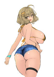 Rule 34 | 1girl, :d, ahoge, alternate costume, anis (nikke), ass, bare shoulders, bikini, breasts, brown eyes, brown hair, denim, denim shorts, from behind, goddess of victory: nikke, hair ornament, highres, huge breasts, looking at viewer, looking back, micro shorts, open mouth, poin (hidsuki), short hair, shorts, simple background, sketch, skindentation, smile, solo, swimsuit, thick thighs, thigh strap, thighs, white background, yellow bikini