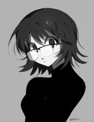 Rule 34 | 1girl, absurdres, black-framed eyewear, black eyes, black hair, commentary request, eungo, eyelashes, glasses, grey background, highres, hunter x hunter, korean commentary, looking at viewer, parted lips, shizuku murasaki, short hair, simple background, solo, upper body