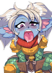 Rule 34 | 1girl, blue skin, blush, colored skin, fangs, from above, gloves, league of legends, long hair, long sleeves, open mouth, pants, pointy ears, poppy (league of legends), purple eyes, scarf, silver hair, simple background, solo, squatting, sweat, teeth, tongue, tongue out, twintails, upper teeth only, white background, yordle, zei-minarai