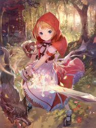 Rule 34 | 1girl, apple, apron, basket, big bad wolf, blonde hair, blue eyes, blush, bobby socks, bread, cape, capelet, dress, fantasy, flower, food, forest, fruit, glowing, highres, hood, house, little red riding hood, little red riding hood (grimm), looking at viewer, mary janes, nature, original, plaid, red cape, shingoku no valhalla gate, shoes, short hair, shouin, skirt, smile, socks, solo, sword, tree, weapon, wolf, wrist cuffs