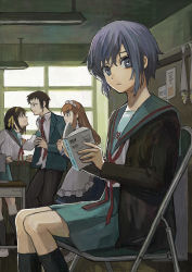 Rule 34 | 1boy, 3girls, :&lt;, apron, arguing, arm support, asahina mikuru, behind another, black socks, blazer, blouse, blue dress, breasts, brown cardigan, brown hair, cardigan, ceiling, ceiling light, chair, classroom, clenched hand, collared shirt, computer, desk, dress, feet out of frame, folding chair, frown, full body, hair between eyes, hair ribbon, hairband, hand on another&#039;s shoulder, highres, indoors, jacket, kita high school uniform, kneehighs, kyon, leaning to the side, long hair, long sleeves, looking at viewer, maid apron, maid headdress, medium breasts, multiple girls, nagato yuki, neckerchief, necktie, niwano (nnn), official alternate costume, open mouth, orange hair, pants, pleated skirt, purple hair, raised eyebrows, reading, red neckerchief, ribbon, sad, school uniform, serafuku, shirt, sidelocks, sitting, skirt, socks, solo focus, suzumiya haruhi, suzumiya haruhi no yuuutsu, tareme, uniform, untucked shirt, very long hair, white shirt, window, wing collar, yellow ribbon