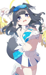 Rule 34 | 1girl, absurdres, animal ears, arm up, black hair, blue archive, blush, breasts, cheerleader, cleavage, dog ears, dog girl, dog tail, facial mark, goggles, goggles on head, halo, hibiki (blue archive), hibiki (cheer squad) (blue archive), highres, holding, long hair, looking at viewer, medium breasts, navel, open mouth, pleated skirt, pom pom (cheerleading), purple eyes, shoes, simple background, skirt, solo, standing, standing on one leg, star (symbol), tail, u-st (uweiter), wavy mouth, white background, white footwear, white skirt