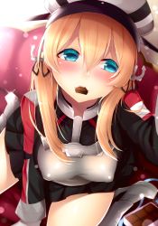 Rule 34 | 10s, 1girl, ayuteisyoku, blonde hair, blue eyes, blush, breasts, chocolate, covered erect nipples, gloves, hat, kantai collection, medium breasts, mouth hold, peaked cap, prinz eugen (kancolle), solo, twintails, uniform