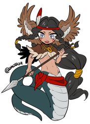 Rule 34 | 1girl, ano5102, black hair, braid, dark-skinned female, dark skin, facial mark, feathers, female focus, flat chest, head wings, headband, highres, lamia, long hair, low-tied long hair, monster girl, native american, navel, open mouth, original, polearm, ribs, shawl, simple background, solo, spear, tribal, twitter username, weapon, white background, wings