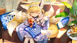 Rule 34 | 1girl, absurdres, animal ears, arknights, blonde hair, braided hair rings, buchi (qooo003), candy, checkerboard cookie, cookie, copyright name, couch, cup, feet out of frame, food, fox ears, fox tail, green eyes, hairband, hand up, highres, holding, holding cup, infection monitor (arknights), mug, multiple tails, paw print, plant, short hair, sitting, solo, suzuran (arknights), tail, white hairband