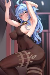 Rule 34 | 1girl, ahoge, armpits, ass, bare shoulders, blue hair, blush, bodysuit, breasts, brown eyes, covered erect nipples, embarrassed, ganyu (genshin impact), genshin impact, goat horns, highres, horns, jack dempa, large breasts, leotard, long hair, looking at viewer, pantyhose, shiny clothes, shiny skin, solo, very long hair