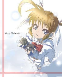 Rule 34 | 00s, 1girl, black gloves, blue eyes, blush, bow, bowtie, christmas, dress, fingerless gloves, gloves, long sleeves, looking at viewer, lyrical nanoha, magical girl, mahou shoujo lyrical nanoha, merry christmas, nekomamire, red bow, red bowtie, simple background, solo, takamachi nanoha, takamachi nanoha (sacred mode), twintails, white background, white dress