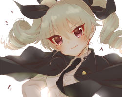 Rule 34 | 10s, 1girl, anchovy (girls und panzer), anzio school uniform, bad id, bad pixiv id, black cape, black necktie, blurry, blurry background, cape, closed mouth, commentary, dress shirt, drill hair, girls und panzer, head tilt, kumasawa (dkdkr), long hair, long sleeves, looking at viewer, necktie, red eyes, school uniform, shirt, simple background, smirk, smug, solo, sparkle, twin drills, twintails, upper body, white background, white shirt, wind