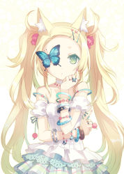 Rule 34 | 1girl, animal ears, blonde hair, blue eyes, bracelet, bug, butterfly, dress, h2so4, hair ornament, hairclip, bug, jewelry, long hair, nail polish, original, pink nails, ring, solo, twintails