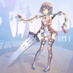 Rule 34 | 1girl, bare shoulders, blue eyes, blush, boots, breasts, brown hair, cleavage, cleavage cutout, clothing cutout, detached sleeves, dress, garter straps, hair ornament, huge weapon, open mouth, original, panties, pantyshot, pigeon-toed, purple eyes, scarf, short hair, solo, standing, striped clothes, striped panties, sword, thigh boots, thighhighs, tougetsu gou, underboob, underwear, upskirt, vertical stripes, weapon, wind, wind lift
