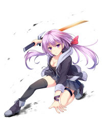 Rule 34 | &gt;:(, 1girl, arm support, black footwear, black skirt, black thighhighs, blush, breasts, cleavage, collarbone, frown, full body, hair ribbon, hood, hoodie, kneeling, light purple hair, long hair, looking at viewer, low twintails, noe noel, on one knee, open clothes, open hoodie, original, pleated skirt, purple eyes, red ribbon, reverse grip, ribbon, shoes, single thighhigh, skirt, solo, sword, thigh strap, thighhighs, tsurime, twintails, v-shaped eyebrows, weapon, white background, wristband