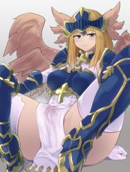 Rule 34 | 1girl, angel, armor, bare shoulders, blonde hair, blue eyes, blush, breastplate, commentary, covered navel, cross, feathered wings, feathers, heart, heavy breathing, highres, holding, holding shield, long hair, looking at viewer, monster girl, monster girl encyclopedia, multiple wings, pauldrons, presenting, shield, shoulder armor, simple background, skirt, smile, solo, spread legs, teeth, thighs, valkyrie, valkyrie (monster girl encyclopedia), wings, yonaga san