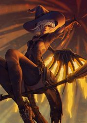 Rule 34 | 1girl, arm up, book, broom, broom riding, hair over one eye, hat, highres, looking at viewer, mechanical wings, mercy (overwatch), official alternate costume, overwatch, overwatch 1, smile, solo, thighhighs, whispwill, wings, witch, witch hat, witch mercy