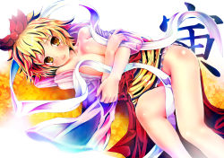 Rule 34 | 1girl, blonde hair, blush, breast hold, breasts, covering privates, covering breasts, female focus, mouse tail, no panties, shawl, short hair, solo, tail, teruru, toramaru shou, touhou, yellow eyes