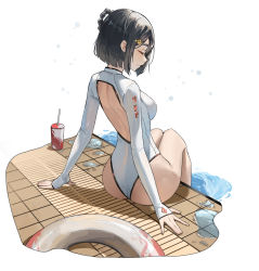 Rule 34 | 1girl, ass, back, back cutout, bare legs, black hair, braid, breasts, closed eyes, closed mouth, clothing cutout, cup, disposable cup, genshin impact, highres, innertube, lycsakd, medium breasts, on floor, one-piece swimsuit, short hair, sitting, smile, soaking feet, solo, swim ring, swimsuit, tile floor, tiles, water, white one-piece swimsuit, xiangling (genshin impact)