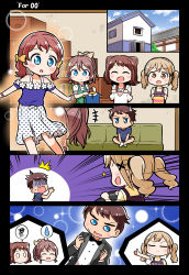 Rule 34 | +++, 1boy, 4girls, :d, puff of air, ^ ^, absurdres, bang dream!, black border, black jacket, black neckwear, blonde hair, blue eyes, blue shirt, blush, book, bookshelf, border, bow, bowtie, brown hair, bubble background, child, closed eyes, clothes hanger, comic, commentary request, couch, dress, emphasis lines, flower, formal, hair bow, hair flower, hair ornament, highres, holding, holding clothes, ichigaya arisa, indian style, indoors, jacket, kyou (fr39), long hair, multiple girls, no eyes, open mouth, outstretched arms, pinafore dress, polka dot, polka dot skirt, ponytail, red hair, shirt, short hair, silent comic, sitting, skirt, sleeveless, sleeveless dress, smile, sparkle, spoken squiggle, spoken sweatdrop, spread arms, squiggle, suit, sweatdrop, thumbs up, toyama kasumi, turn pale, twintails, v-shaped eyebrows, white shirt, white skirt, x hair ornament, yamabuki jun, yamabuki sana, yamabuki saya, yellow bow, yellow eyes