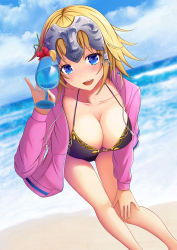 Rule 34 | 1girl, :d, bad id, bad pixiv id, beach, bikini, black bikini, blonde hair, blue eyes, blush, breasts, cleavage, crazy straw, day, drinking straw, fate/grand order, fate (series), glass, headpiece, heart straw, highres, jacket, jacket over swimsuit, jeanne d&#039;arc (fate), jeanne d&#039;arc (ruler) (fate), jeanne d&#039;arc (white cruising) (fate), kannko bokujou, large breasts, leaning forward, looking at viewer, ocean, open clothes, open jacket, open mouth, pink jacket, smile, solo, swimsuit