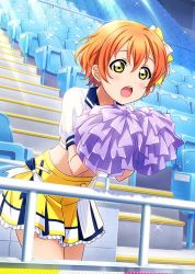 Rule 34 | 1girl, artist name, artist request, bare legs, blue bow, bow, breasts, chair, cheerleader, collared shirt, female focus, green eyes, hair between eyes, hair bow, holding, holding pom poms, hoshizora rin, looking at viewer, love live!, love live! school idol festival, love live! school idol project, miniskirt, necktie, orange hair, parted lips, plaid, plaid skirt, pleated, pleated skirt, pom pom (cheerleading), pom poms, puffy short sleeves, puffy sleeves, purple pom poms, shirt, short hair, short sleeves, skirt, smile, solo, sparkle, stadium, stairs, striped bow, striped clothes, striped skirt, sunlight, white bow, white shirt, yellow bow, yellow eyes, yellow necktie, yellow skirt