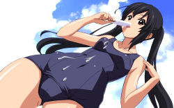 Rule 34 | 1girl, bad id, bad pixiv id, black hair, brown eyes, cameltoe, dutch angle, food, from below, highres, k-on!, licking, long hair, nakano azusa, one-piece swimsuit, p496, popsicle, school swimsuit, solo, swimsuit, twintails