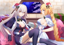 2girls absurdres alex_(alex-xander) bed_sheet black_capelet black_gloves black_legwear black_skirt blonde_hair blue_eyes bow box braid braided_ponytail breasts bustier capelet cleavage closed_mouth fate/grand_order fate_(series) fur-trimmed_capelet fur-trimmed_gloves fur-trimmed_headwear fur-trimmed_skirt fur_trim garter_straps gift gift_box gloves hair_bow hat highres jeanne_d&#039;arc_(fate) jeanne_d&#039;arc_(ruler)_(fate) jeanne_d&#039;arc_alter_(avenger)_(fate) jeanne_d&#039;arc_alter_(fate) large_breasts long_hair looking_at_viewer mini_hat miniskirt multiple_girls parted_lips pencil_skirt ponytail red_headwear santa_hat sideboob silver_hair sitting skirt smile striped_bow thighhighs very_long_hair white_capelet white_gloves white_skirt yellow_eyes zettai_ryouiki