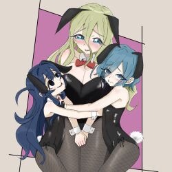 3girls artist_request blonde_hair blue_hair breasts empty_eyes kimi_no_koto_ga_dai_dai_dai_dai_daisuki_na_100-nin_no_kanojo large_breasts long_hair multiple_girls nakaji_uto rabbit_ears rabbit_tail short_hair small_breasts yamato_nadeshiko_(100kanojo) yoshimoto_shizuka