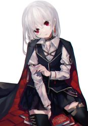 Rule 34 | 1girl, book, boots, cape, choker, collared shirt, ear piercing, earrings, eyes visible through hair, female focus, formal, head tilt, highres, jewelry, lbook, looking at viewer, monocle, nail polish, ogami ren, original, piercing, red eyes, red nails, shirt, simple background, sitting, skirt, solo, thigh boots, thighhighs, vest, white background, white hair, white shirt, zettai ryouiki