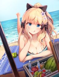 Rule 34 | 1girl, aqua bikini, bikini, black bow, blonde hair, blue eyes, blush, bow, breasts, cleavage, elf, flower, hair bow, hair flower, hair ornament, head rest, head tilt, highres, large breasts, long hair, looking at viewer, lying, md5 mismatch, ocean, on stomach, pointy ears, ponytail, princess connect!, resolution mismatch, saren (princess connect!), saren (summer) (princess connect!), sira (user dswn7488), smile, solo, source smaller, swimsuit, tongue, tongue out