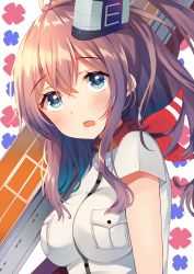 Rule 34 | 10s, 1girl, anchor, blue eyes, breast pocket, breasts, brown hair, close-up, dress, flight deck, floral background, hair between eyes, highres, impossible clothes, kantai collection, large breasts, long hair, looking at viewer, nan (jyomyon), neckerchief, pocket, ponytail, red neckerchief, saratoga (kancolle), side ponytail, sidelocks, solo, white dress