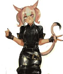 Rule 34 | 1girl, animal ears, bad id, bad pixiv id, black shirt, boots, cat ears, cat tail, dark-skinned female, dark skin, facial mark, facial scar, final fantasy, final fantasy xiv, fingerless gloves, frischenq, gloves, heterochromia, looking at viewer, miqo&#039;te, pants, pink hair, scar, scar on cheek, scar on face, shirt, short hair, short sleeves, short twintails, slit pupils, smile, solo, suspenders, tail, thigh boots, thighhighs, twintails, whisker markings