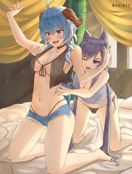 Rule 34 | 2girls, :d, ;d, absurdres, arm up, bare shoulders, barefoot, bed sheet, blue hair, blush, braid, breasts, cleavage, double bun, dress, feet, ganyu (genshin impact), genshin impact, hair bun, highres, horns, indoors, keqing (genshin impact), kneeling, long hair, mchiefy, medium breasts, multiple girls, navel, nipples, on bed, one eye closed, open mouth, panties, purple eyes, purple hair, short shorts, shorts, side-tie panties, sleeveless, smile, stomach, sunlight, tickling, tickling arms, tickling sides, twintails, underwear, wavy mouth, yuri