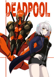Rule 34 | 1girl, adapted costume, ahoge, alternate costume, armor, armored dress, belt, black dress, bodysuit, breasts, coat, comic, commentary request, crossover, deadpool, deadpool (series), dress, fate/grand order, fate (series), fur coat, fur trim, gun, hair between eyes, hand on own hip, jeanne d&#039;arc (fate), jeanne d&#039;arc (ruler) (fate), jeanne d&#039;arc alter (fate), jeanne d&#039;arc alter (ver. shinjuku 1999) (fate), jewelry, kanameya, katana, long sleeves, looking at viewer, marvel, mask, medium breasts, official alternate costume, short hair, silver hair, smile, sword, thighs, weapon, yellow eyes