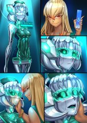 Rule 34 | 2girls, :d, absurdres, android, arms at sides, black sclera, blonde hair, bracelet, choker, closed eyes, colored sclera, commentary, commission, controller, dark-skinned female, dark skin, dress, english commentary, glowing, glowing eyes, green-tinted eyewear, green eyes, grin, hand on another&#039;s cheek, hand on another&#039;s face, headgear, highres, hologram, hououji fuu, ibenz009, jewelry, loading screen, looking at another, magic knight rayearth, mechanization, medium hair, metal skin, mind control, multiple girls, necklace, open mouth, power symbol, remote control, shiny skin, skin tight, smile, tinted eyewear, visor